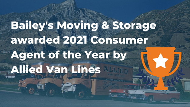 Picture of vintage Bailey's truck with headline "Bailey's Moving & Storage awarded 2021 Consumer Agent of the Year by Allied Van Lines"